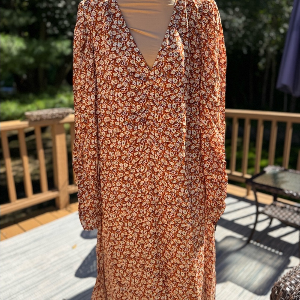 Joie Floral Print Summer Harko Dress Plus Sz 3X Orange Cream Brown VNeck Floral - Picture 4 of 10